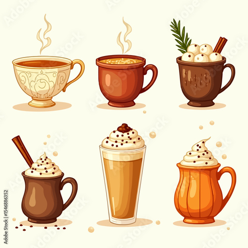 Variety of hot coffee drinks in cozy mugs and cups with whipped cream, spices, and steam in warm tones.