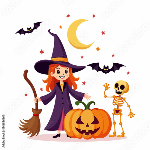  Smiling witch girl and cute skeleton under the moonlight with bats and pumpkins in a fun Halloween celebration.