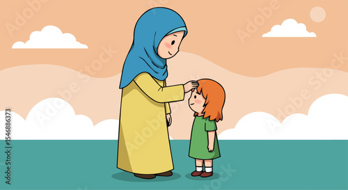 Cartoon Illustration of a Muslim Mother and Daughter

