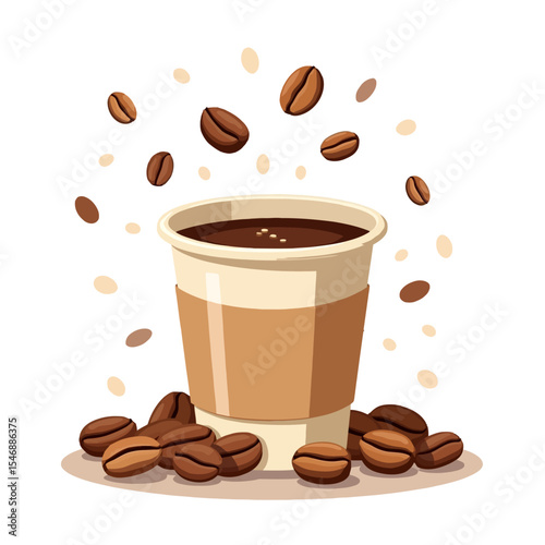 Hot coffee in a takeaway paper cup surrounded by roasted coffee beans flying in the air on a white background.