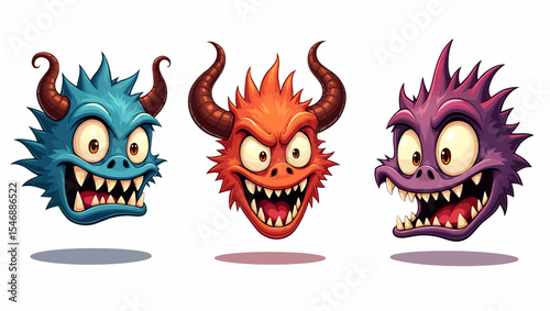 Set of three cartoon monster heads with exaggerated expressions, ideal for fun, horror, or fantasy-themed projects.