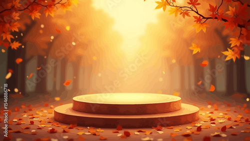 Wooden podium surrounded by vibrant autumn leaves in a magical forest setting with soft golden light.