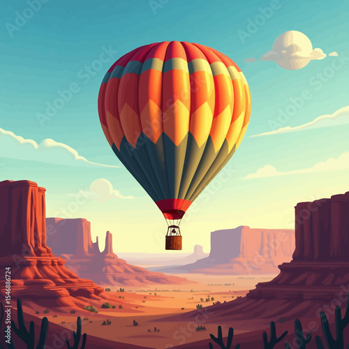  Vibrant hot air balloon floating over a scenic desert canyon during a sunny day with clear skies and red rock formations.