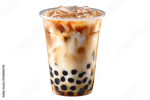 Refreshing Iced Brown Sugar Boba Milk Tea Drink in a Plastic Cup with Ice, transparent background