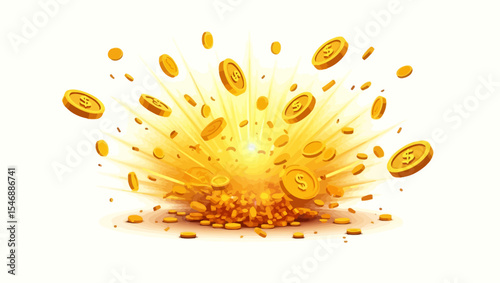 Shiny golden coins bursting in an explosive motion on a white background, symbolizing wealth, jackpot, or financial success.