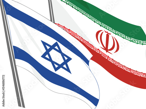 Israel and Iran Table Flags Vector Illustration, National Symbols Display on Chrome Stands