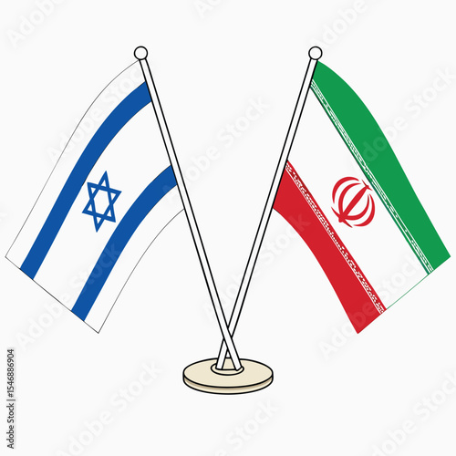 Israel and Iran Table Flags Vector Illustration, National Symbols Display on Chrome Stands