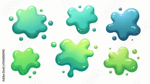 Set of green and blue cartoon slime splashes on white background, perfect for kids' games, messy play or playful design projects.