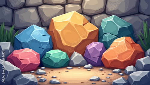  Colorful cartoon stones and rocks arranged in a pile with natural background, ideal for games, fantasy maps or educational visuals.