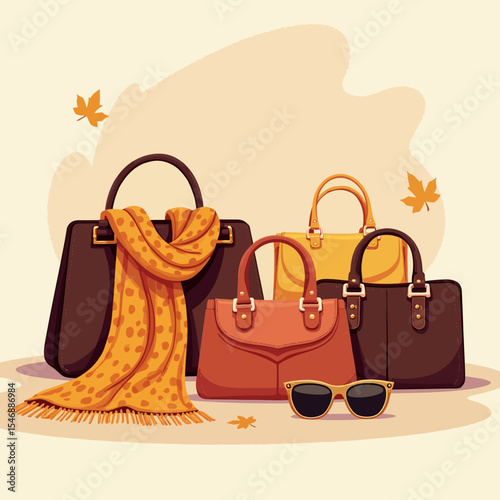  Stylish autumn accessories including handbags, scarf, and sunglasses with falling leaves on light background.