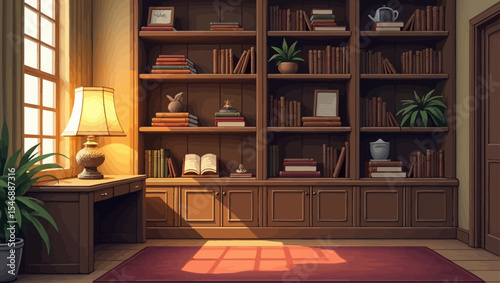 Cozy interior library with warm sunlight, wooden shelves filled with books and indoor plants, perfect autumn reading corner.