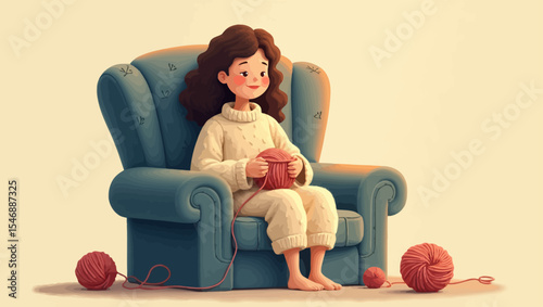 Woman knitting in cozy chair with yarn balls around, wearing comfy pajamas in warm and calm home setting, ideal for relaxing fall scenes.