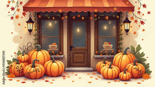 Charming autumn storefront decorated with pumpkins, warm lights and red striped awning, perfect for fall seasonal and harvest themes.