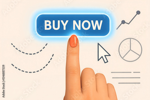 Digital shopping concept with fingertip pressing a buy now button on a light beige background representing commerce and online retail