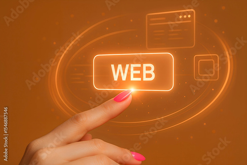 Digital touch concept of web technology with glowing elements and finger pressing the web button over an orange background