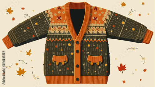 Knitted autumn cardigan with orange patterns and falling leaves, cozy seasonal sweater flatlay for fall vibes.