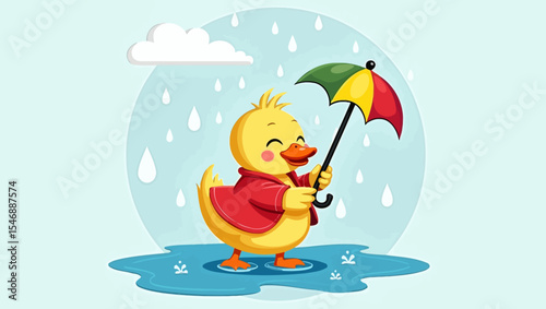 Cute duckling in red raincoat holding umbrella, smiling in the rain with colorful background and water puddles.