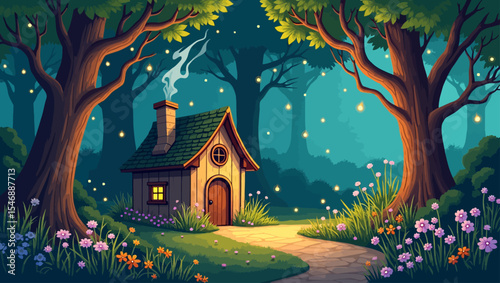 Cozy fairytale house in a magical forest with glowing lights, colorful flowers, and a peaceful nighttime fantasy atmosphere.