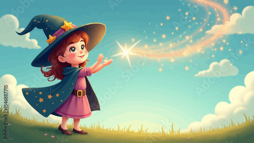  Adorable young witch casting sparkling magic under a sunny sky with clouds, wearing a cape and large hat in a magical fantasy scene.