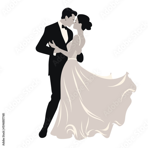 Elegant Wedding Couple Dancing in Monochrome Vector Illustration