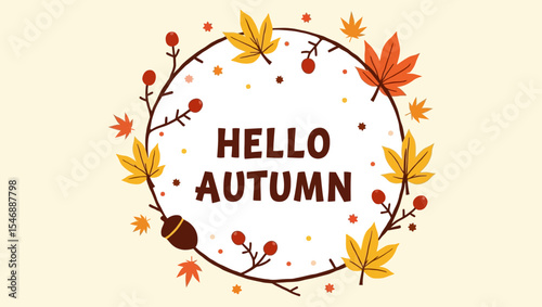 Circular fall wreath with maple leaves, berries, and acorns surrounding bold “Hello Autumn” text in a cozy seasonal layout.