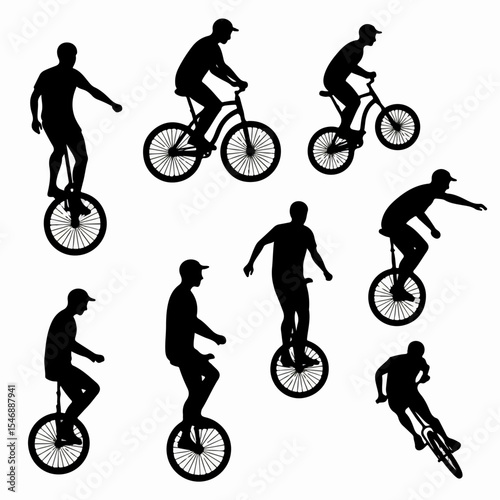 Unicyclist silhouettes plus bicycle riders