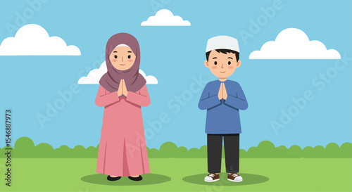 Cartoon Muslim Boy and Girl in Prayer Pose on a Sunny Day

