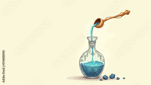 A magical blue potion being poured into a glass bottle with scattered crystals, ideal for fantasy themes and wizardry illustrations.