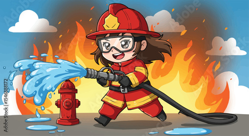 Cute Female Firefighter Cartoon Character Spraying Water with Fire Hose

