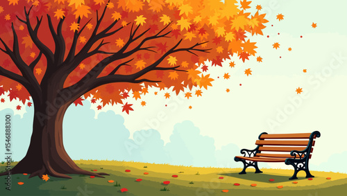  Peaceful autumn park scene with empty bench under a large tree with falling orange leaves, symbolizing serenity and the beauty of the fall season.