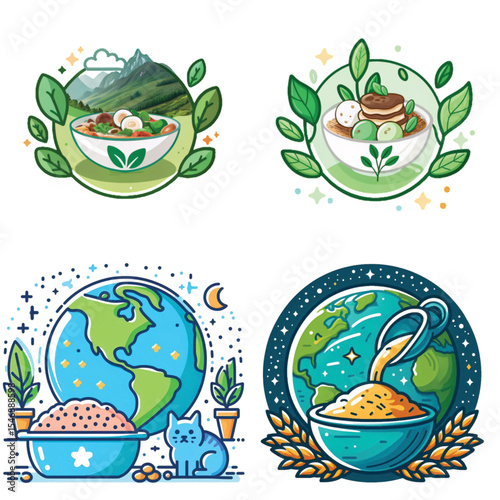 Colorful illustrations of healthy food and earth with plants  
