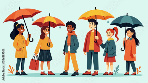 Illustration of diverse young people holding umbrellas in autumn outfits, standing together under rainy skies.