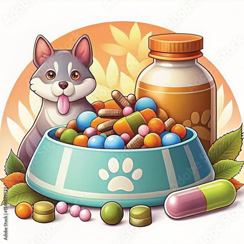 Cute dog beside a bowl filled with colorful pet medicines and supplements  