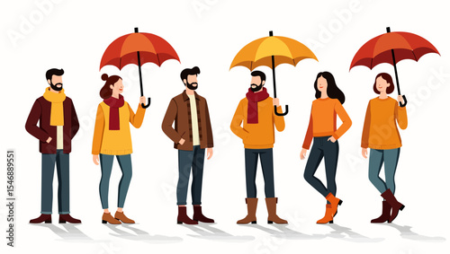 Autumn fashion illustration with six stylish people holding umbrellas, wearing cozy fall outfits in warm tones.
