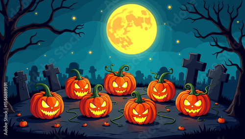 Spooky graveyard scene with glowing jack-o'-lanterns under a full moon, perfect for Halloween-themed artwork.