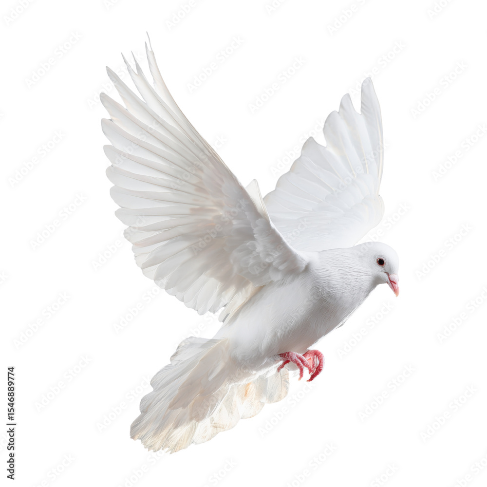Fototapeta premium Free white dove flying in mid-air transparent background