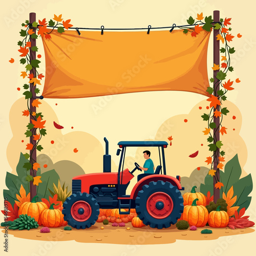  A farmer driving a red tractor under a blank autumn banner with pumpkins and leaves, ready for seasonal event announcements.