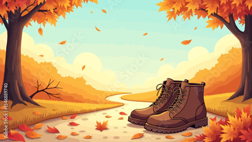 Autumn landscape with hiking boots on a path covered in fallen leaves between vibrant orange trees, symbolizing exploration.