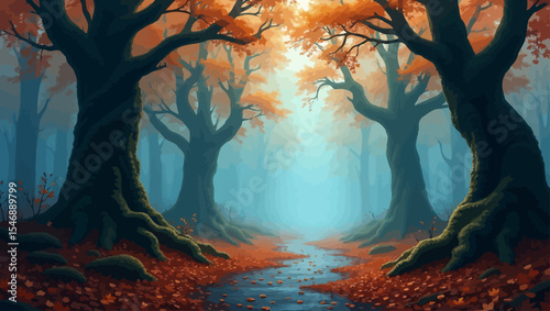 Mysterious autumn forest with fallen red leaves and tall trees leading into a foggy, glowing horizon.