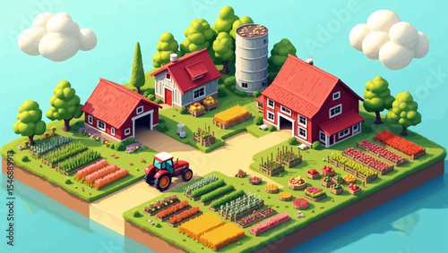 Isometric cartoon farm with barn, tractor, and vegetable fields, perfect for agriculture, rural life and organic farming themes.