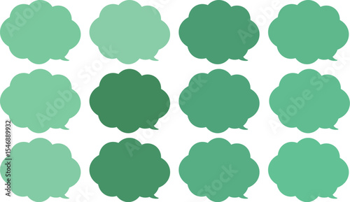 All the bubbles have a distinctive, rounded, cloud-like, or scalloped edge design. This vector image features twelve speech bubbles