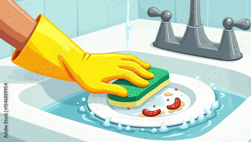 Hand washing a dirty plate with sponge under running water, ideal for cleaning, hygiene, and household chores concepts.