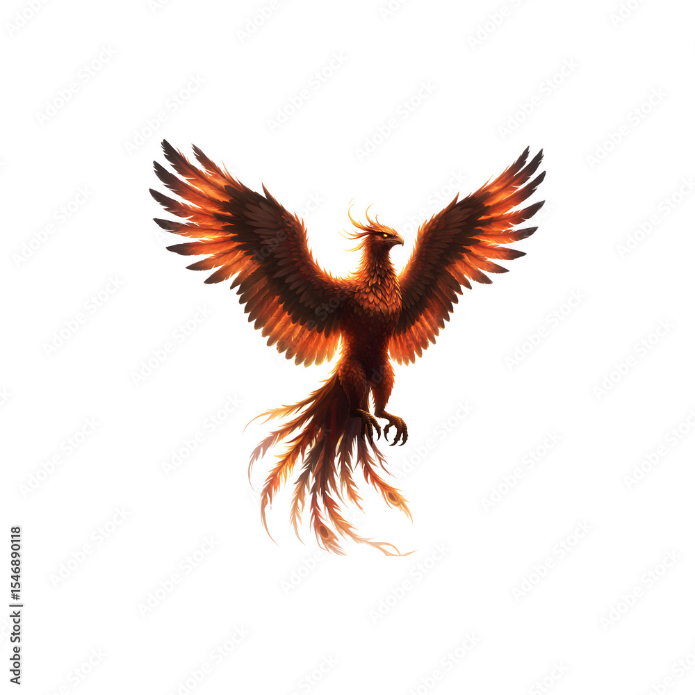 Fototapeta premium Vibrant phoenix bird in flight on white background, representing rebirth, fantasy, and mythology