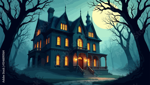  Side view of a haunted Victorian-style house with glowing windows, twisted trees, and fog under a full moon in a spooky forest setting.