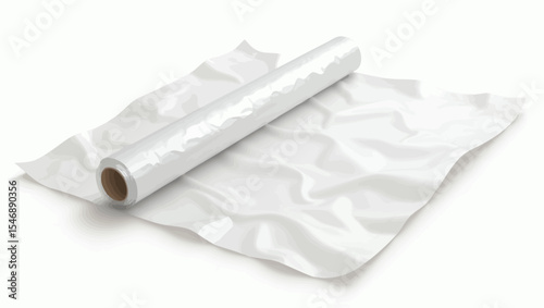 Realistic plastic wrap roll and unrolled sheet isolated on white background, ideal for packaging mockups or design templates.