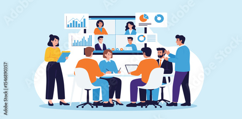 business finance analysis. Group business marketing team video conference meeting online and people brainstorming for planning concept