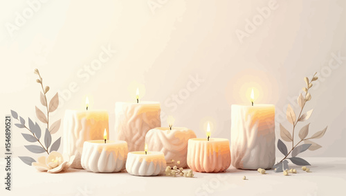  Elegant decorative candles arranged with floral elements, glowing in warm light against a soft pastel background for cozy decor themes.