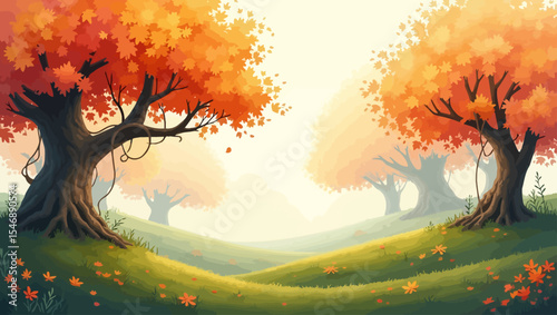 Bright autumn landscape with colorful trees and a soft glowing sky over rolling hills, creating a peaceful and dreamy fall scenery.