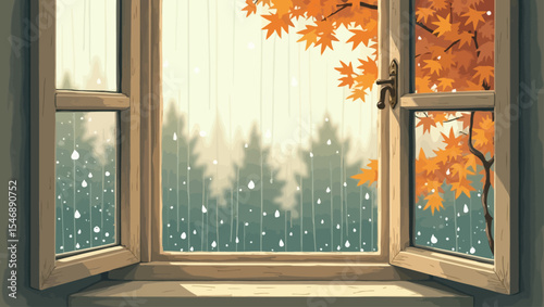  Cozy autumn scene with raindrops on a window, orange maple leaves, and a misty forest background creating a peaceful seasonal atmosphere.