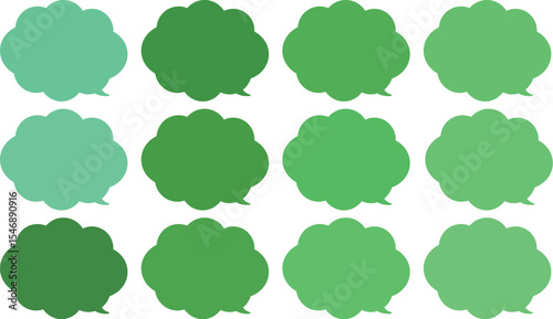 All the bubbles have a distinctive, rounded, cloud-like, or scalloped edge design. This vector image features twelve speech bubbles